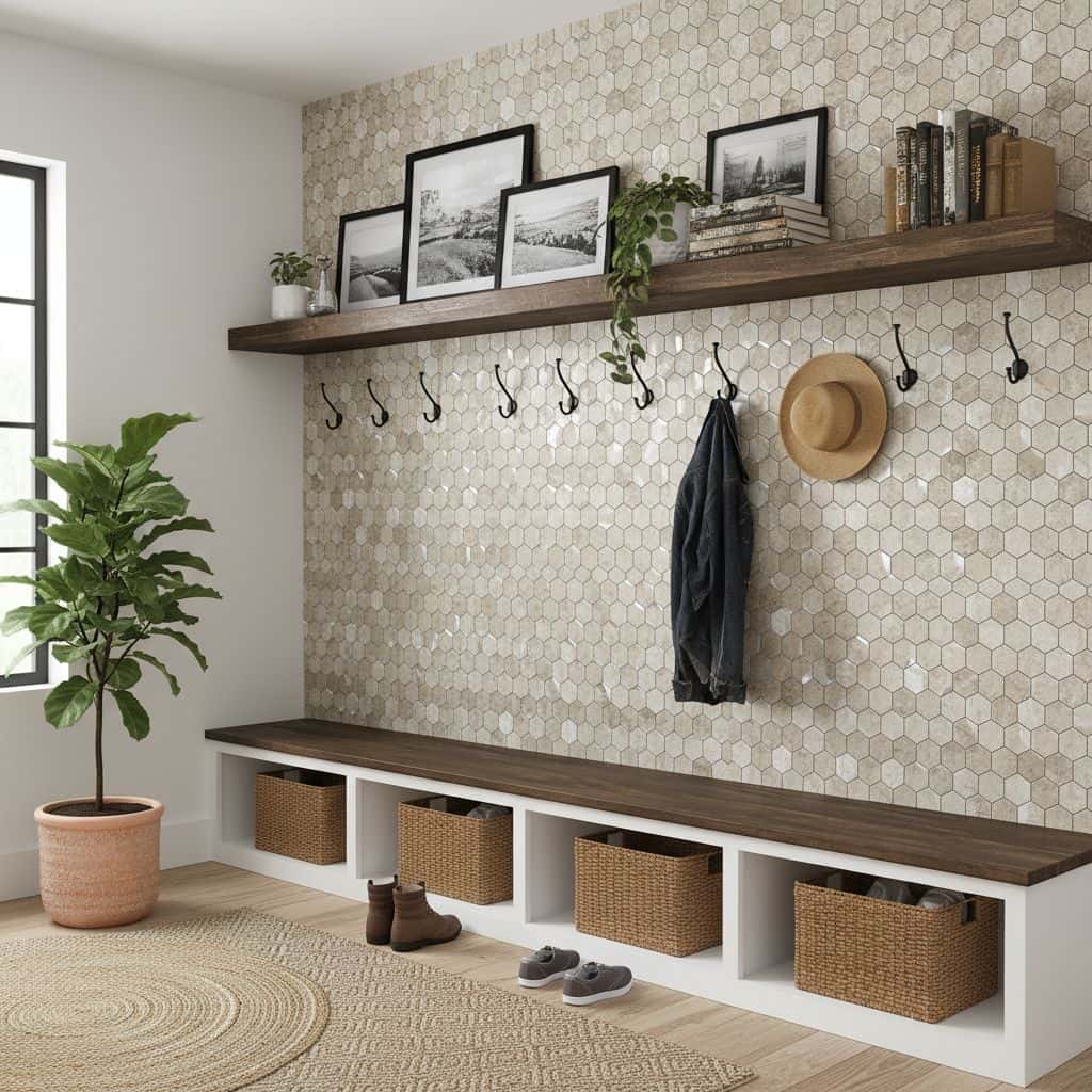 Decorative peel and stick tile wall with hooks and shelves.