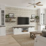 Modern living room featuring peel and stick wall tile with hexagonal pattern, white cabinetry, and cozy decor.