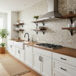 A modern kitchen featuring peel and stick tile backsplash with hexagon design, white cabinetry, and open wooden shelves for a.
