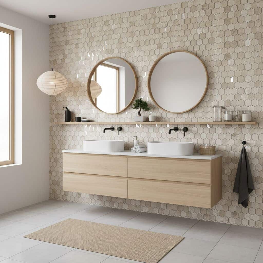 Two round mirrors above a modern double sink vanity with peel and stick wall tiles. Minimalist bathroom design with natural l.