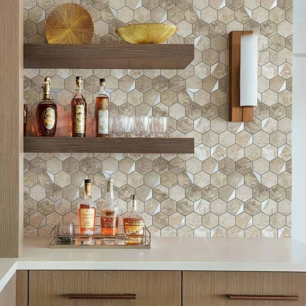 Decorative peel and stick wall tiles in a hexagon pattern for kitchen or bathroom backsplashes.