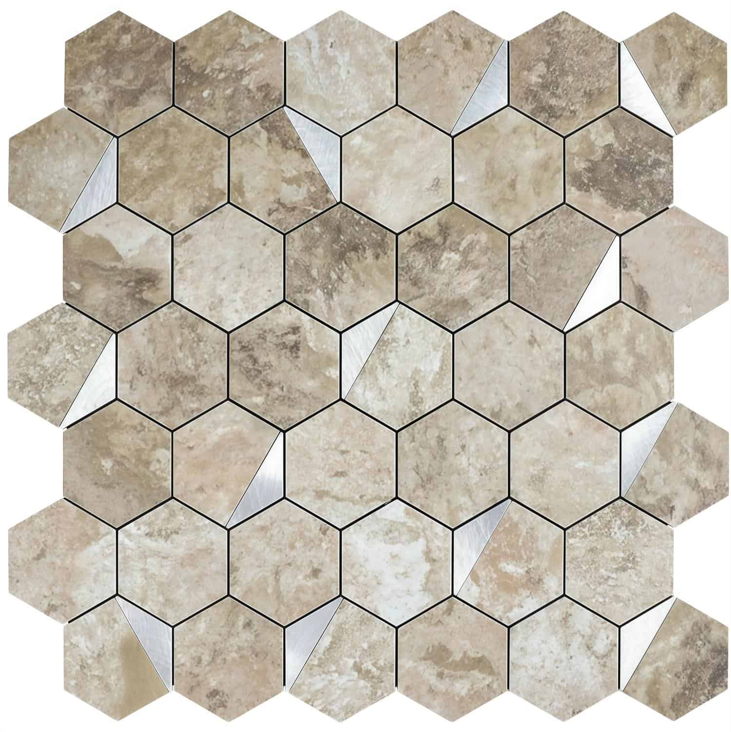 Beige peel and stick hexagon wall tile with textured surface, ideal for backsplash and home decor projects.