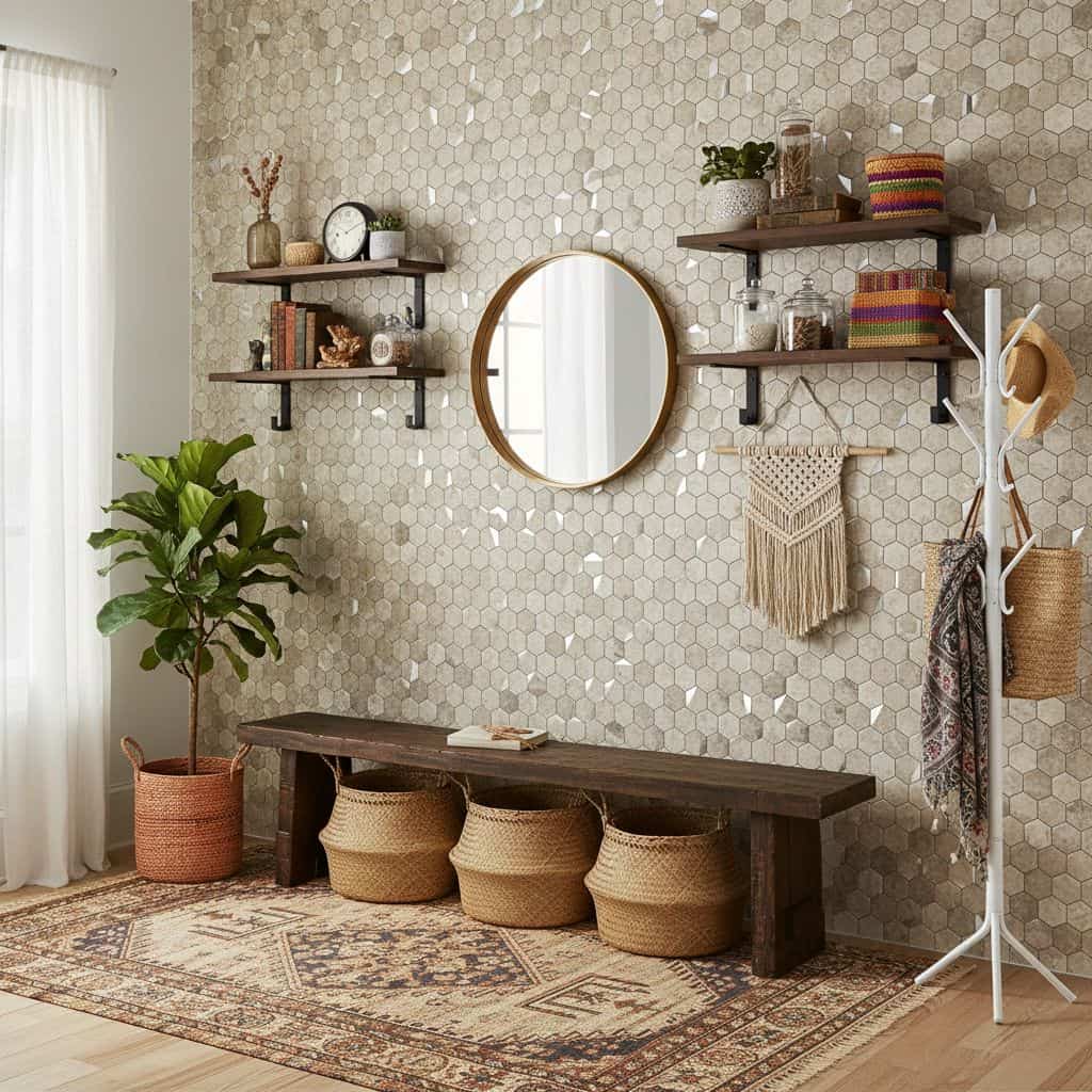 Stylish peel and stick wall tile in a modern entryway with shelves and mirror.