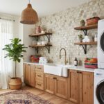 Modern kitchen with peel and stick tile backsplash, wooden cabinets, and open shelves.
