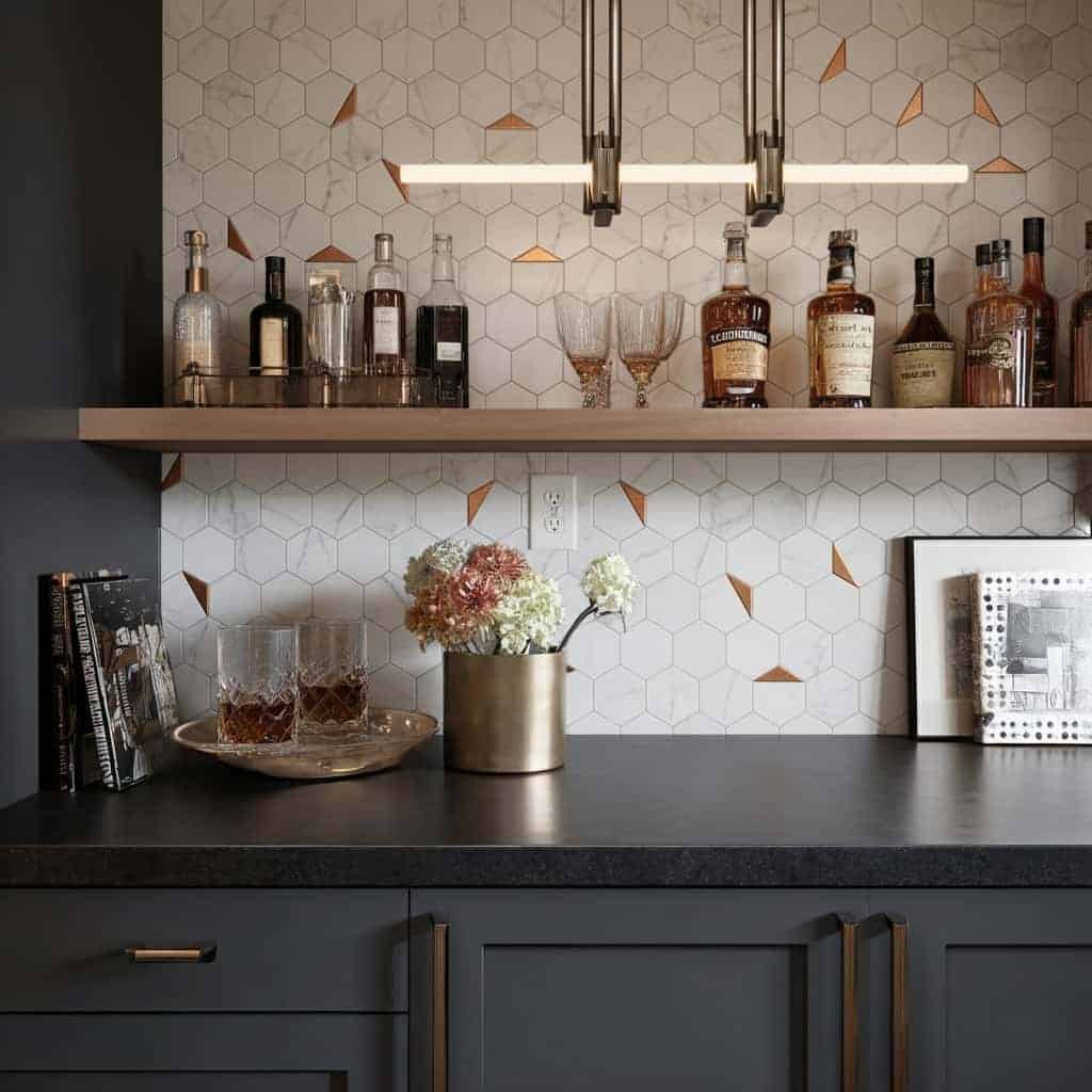 A stylish kitchen featuring a peel and stick tile backsplash with hexagonal pattern and copper accents, complemented by dark.