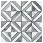 Decorative peel and stick tile with geometric pattern in black, white, and gray tones. Perfect for backsplashes and accent wa.