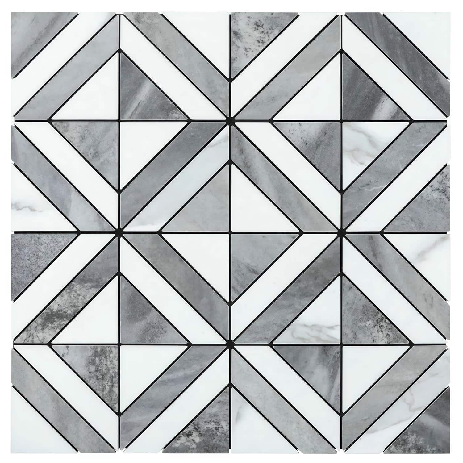 Decorative peel and stick tile with geometric pattern in black, white, and gray tones. Perfect for backsplashes and accent wa.