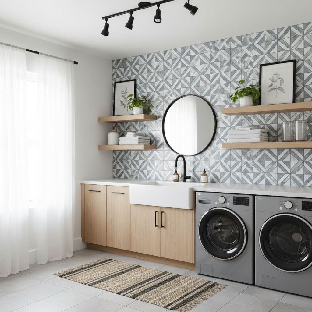 Modern laundry room with peel and stick wall tiles, washer, dryer, and open shelves. Bright, clean, and functional space.
