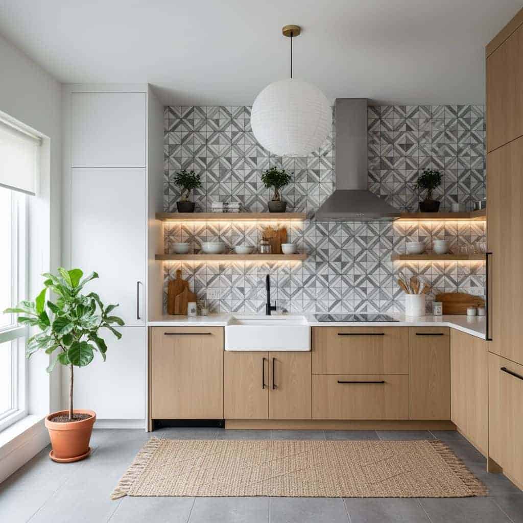Bright kitchen with peel and stick wall tile backsplash and modern decor.