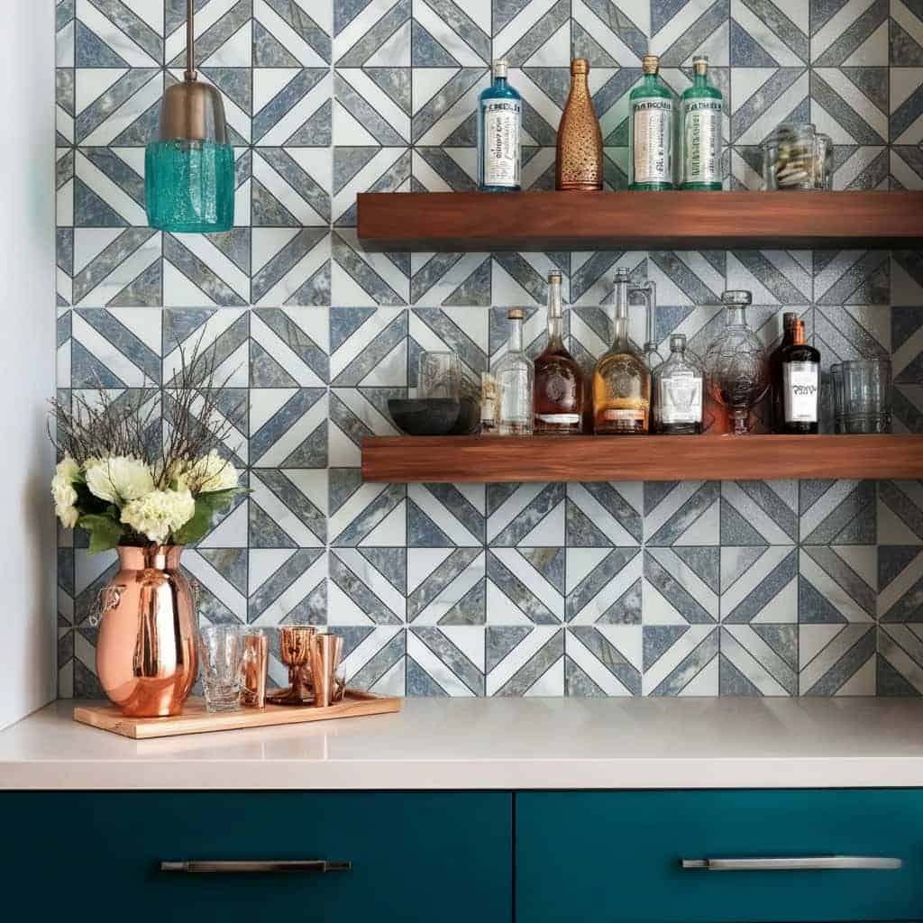 Bright geometric peel and stick tile backsplash in a modern kitchen.