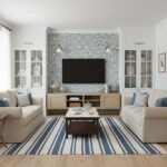 Bright living room featuring peel and stick wall tile behind the TV for easy installation.