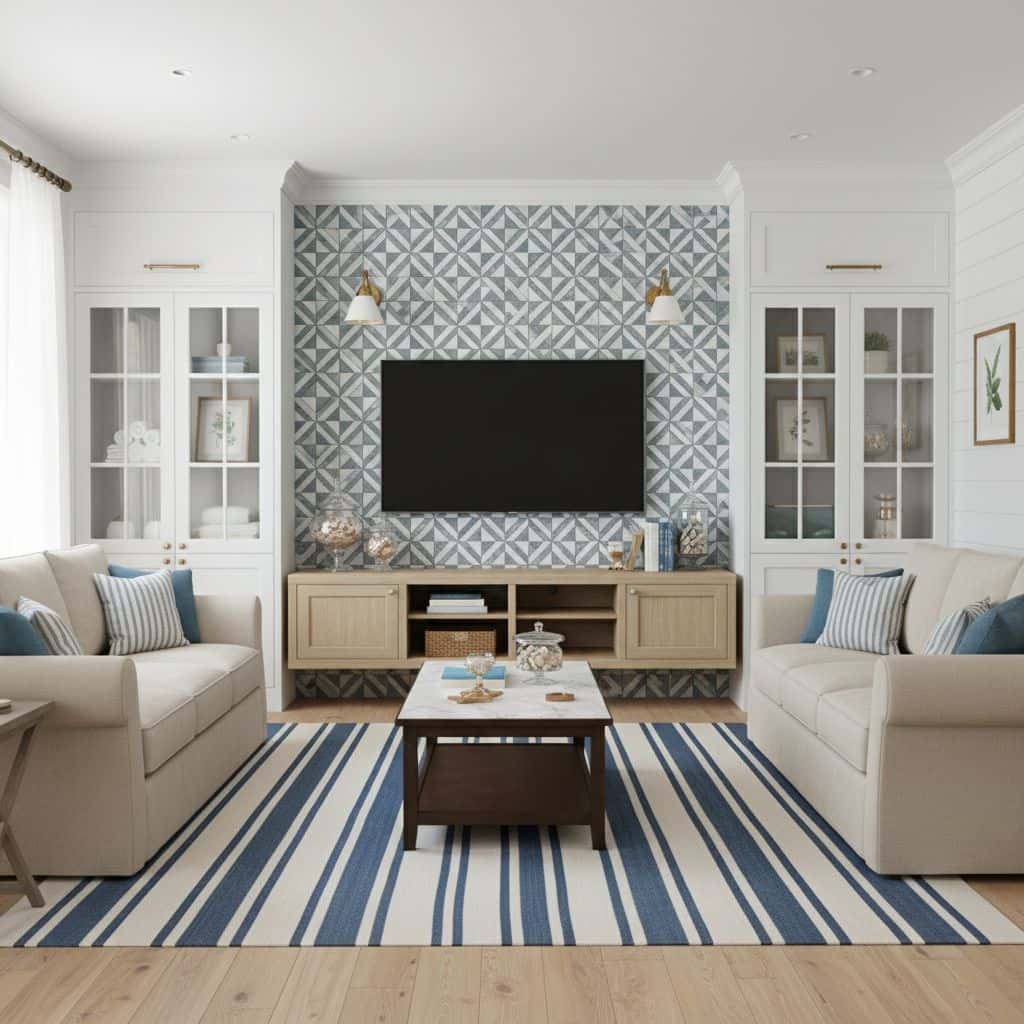 Bright living room featuring peel and stick wall tile behind the TV for easy installation.