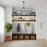 Modern entryway with peel and stick wall tiles, shelves, and decor accents.