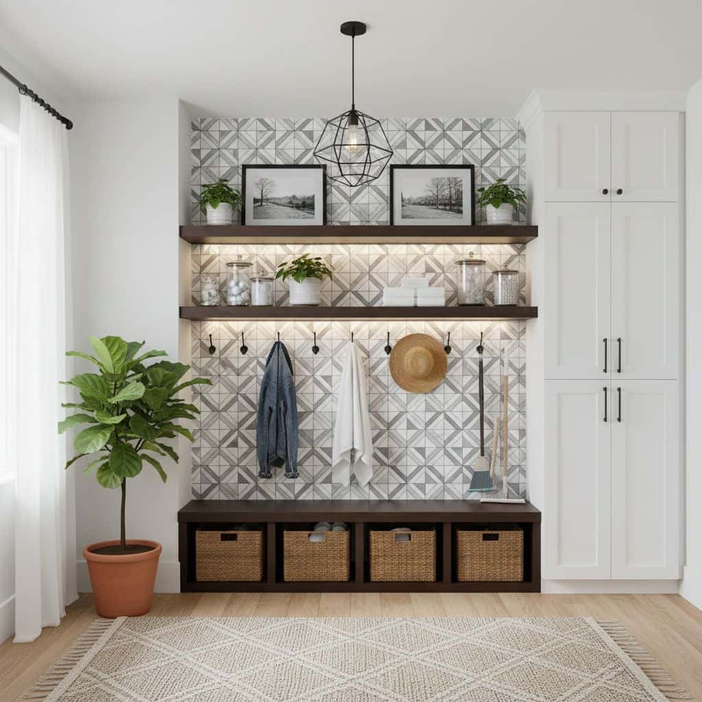 Modern entryway with peel and stick wall tiles, shelves, and decor accents.