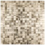 Image of a beige peel and stick tile wall backsplash with a mosaic pattern.