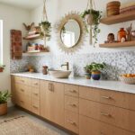A stylish kitchen featuring peel and stick tile backsplash, wooden cabinets, and decorative wall shelves with plants and cera.