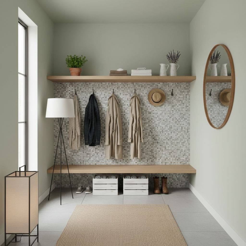 A stylish entryway with peel and stick tile backsplash, wall hooks, and decorative accessories for a modern home update.