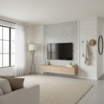Modern living room featuring peel and stick wall tile behind the TV for easy home decor update.