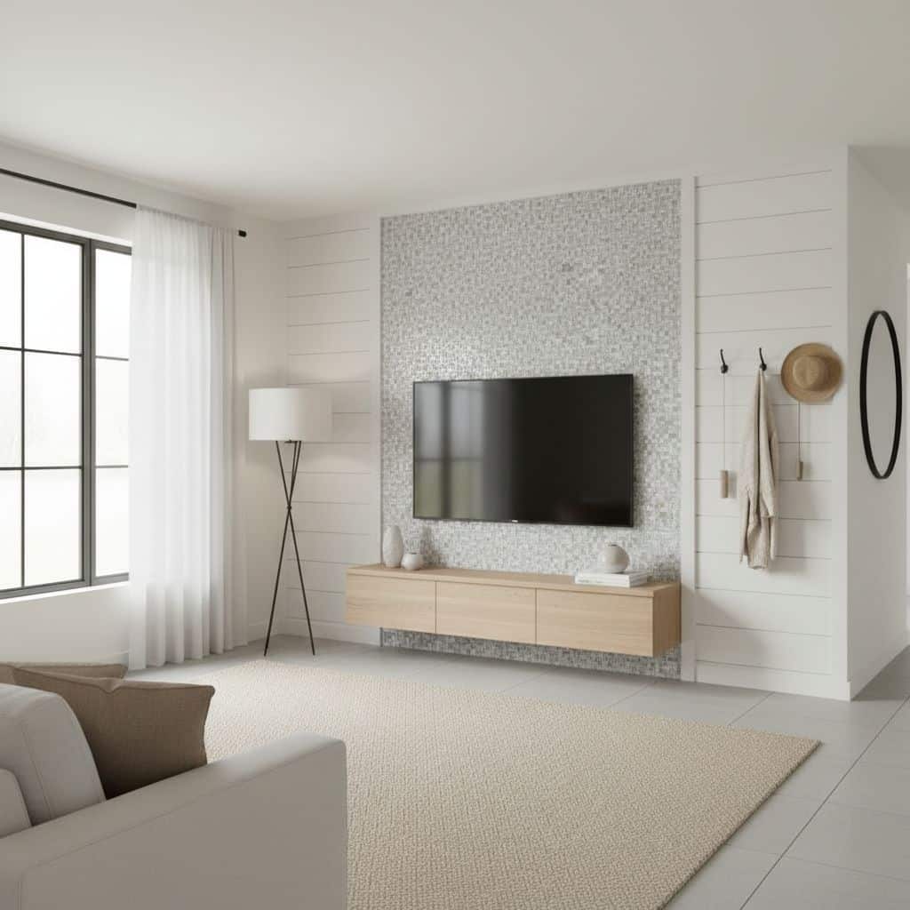 Modern living room featuring peel and stick wall tile behind the TV for easy home decor update.