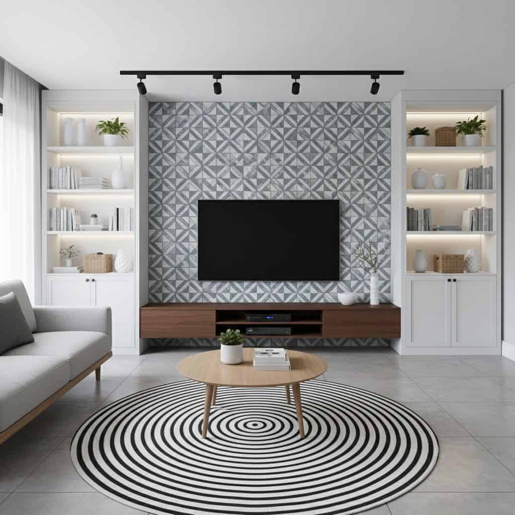 Peel and stick wall tile with geometric pattern on living room wall, creating a stylish and easy-to-install backsplash or acc.