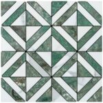 Up of geometric peel and stick tile design with green marble accents and white background.