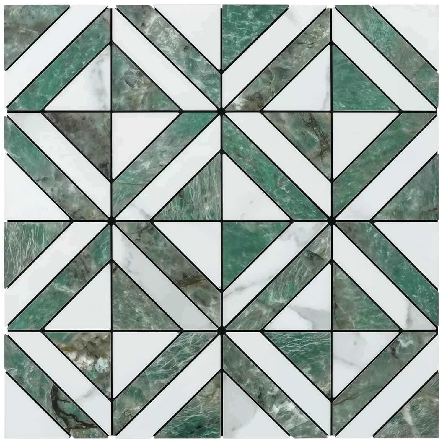 Up of geometric peel and stick tile design with green marble accents and white background.