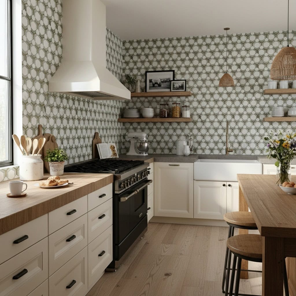 Bright white and gray geometric patterned tiles with a matte finish, used as a backsplash in a modern kitchen.