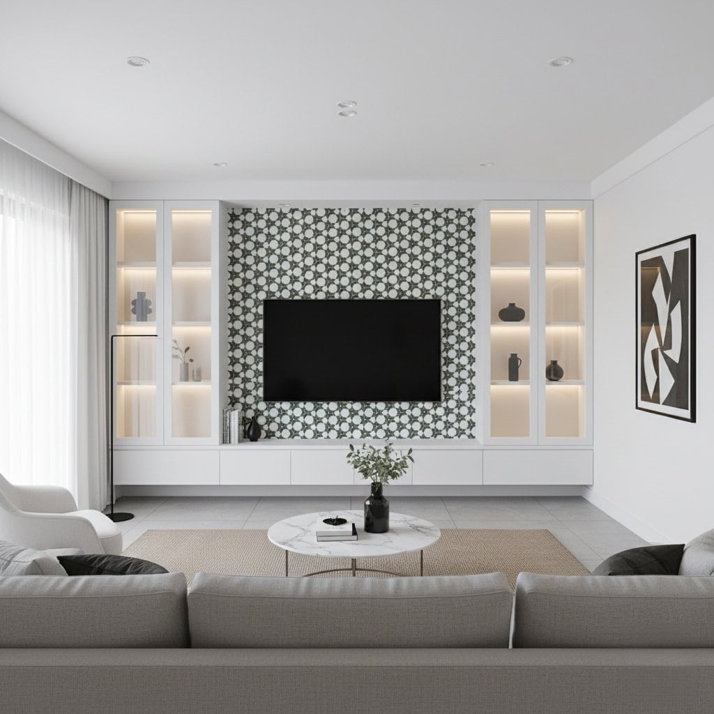 Bright living room featuring geometric patterned wall tiles in shades of gray and white, with sleek white shelving and contem.