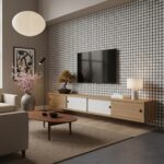 Bright, patterned wall tiles with a black and white geometric design.