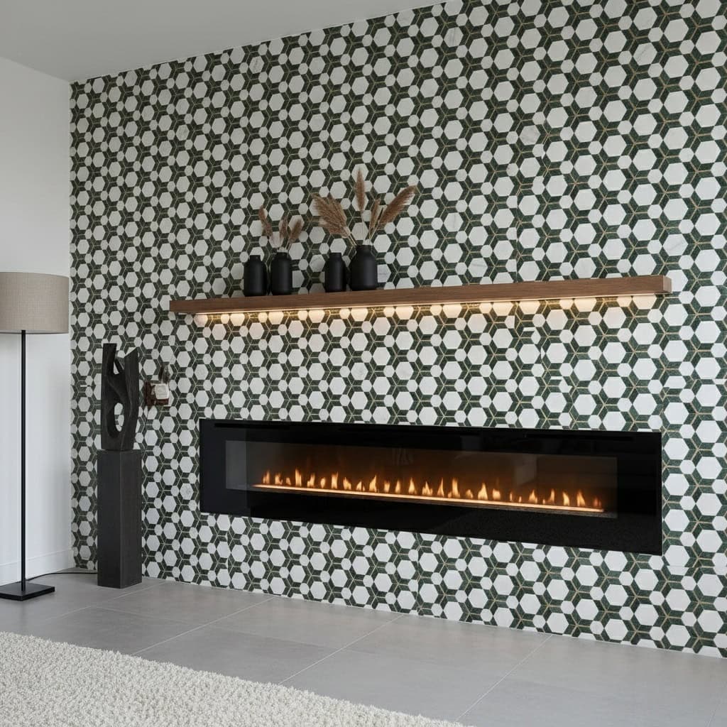 Geometric patterned tile wall with black, white, and gray colors, featuring a sleek fireplace and minimalist decor.
