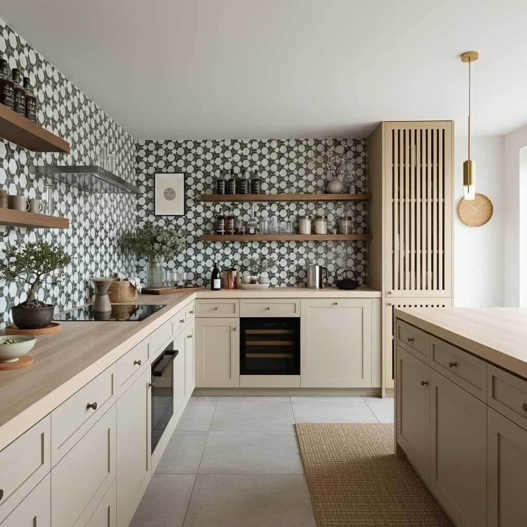 Blue and white geometric patterned ceramic tiles on kitchen wall, with a textured surface and glossy finish.