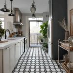 Hexagon black and white patterned tile floor.