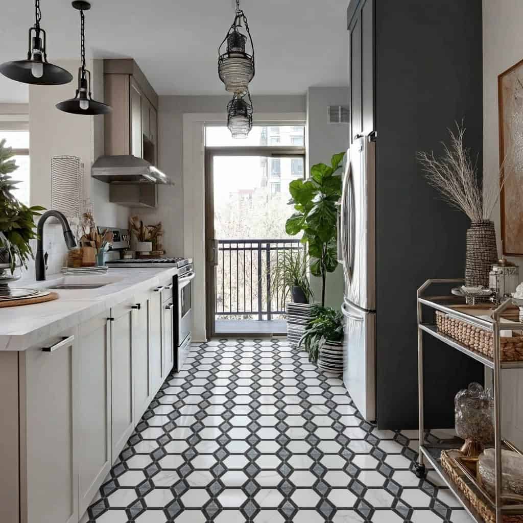 Hexagon black and white patterned tile floor.