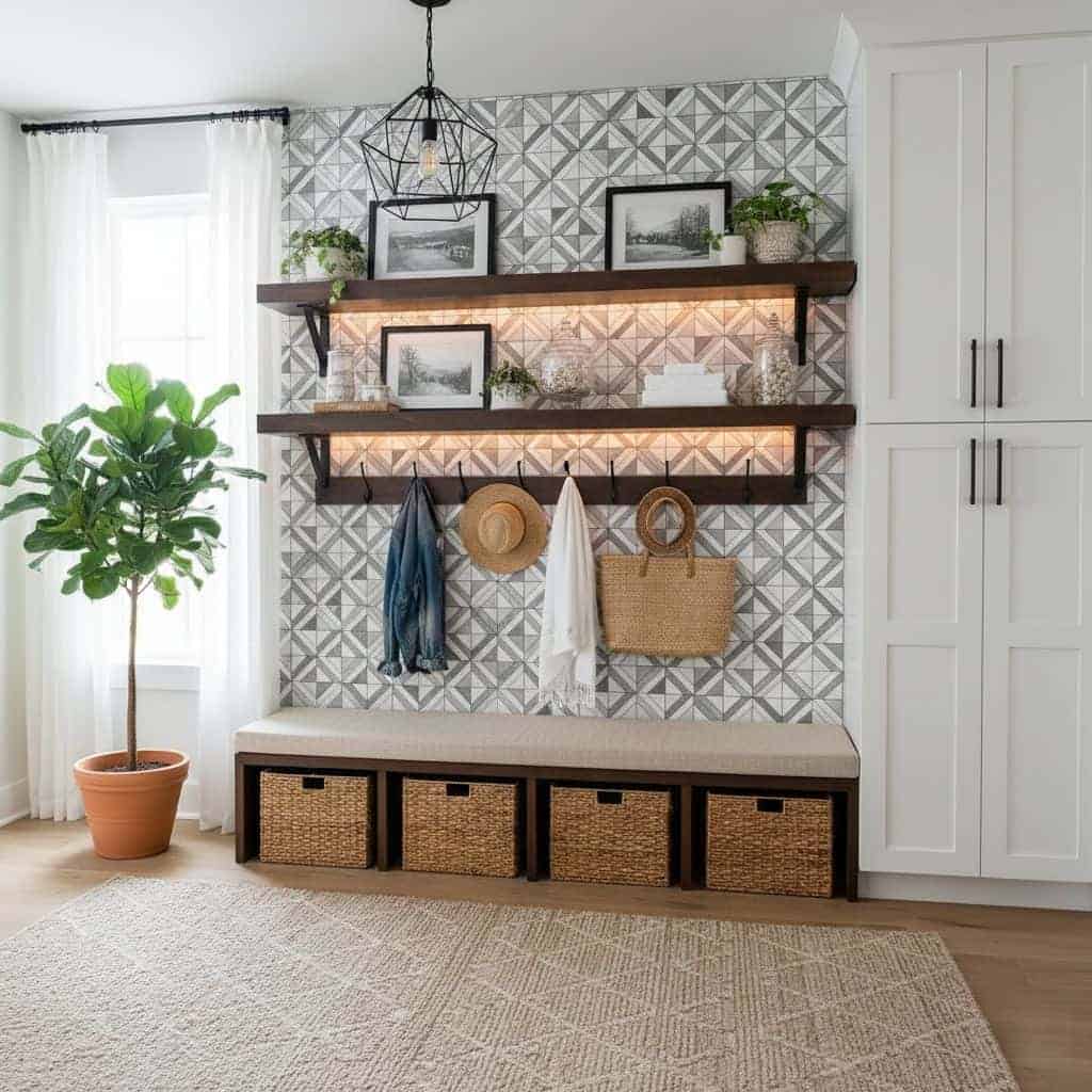 Modern entryway with peel and stick wall tiles, shelves, and decor accents.