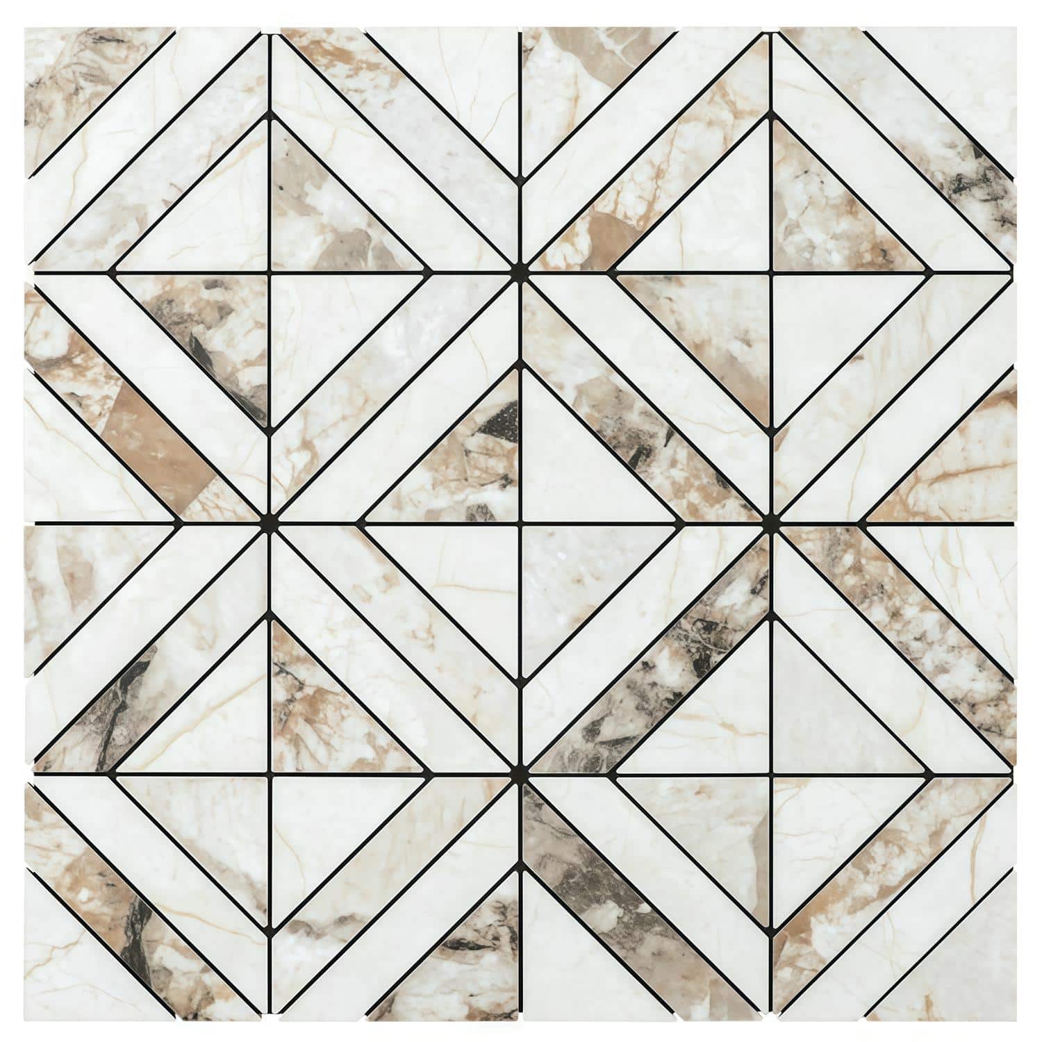 Versatile peel and stick tile for walls with a geometric pattern in neutral tones. Easy to install and perfect for backsplash.
