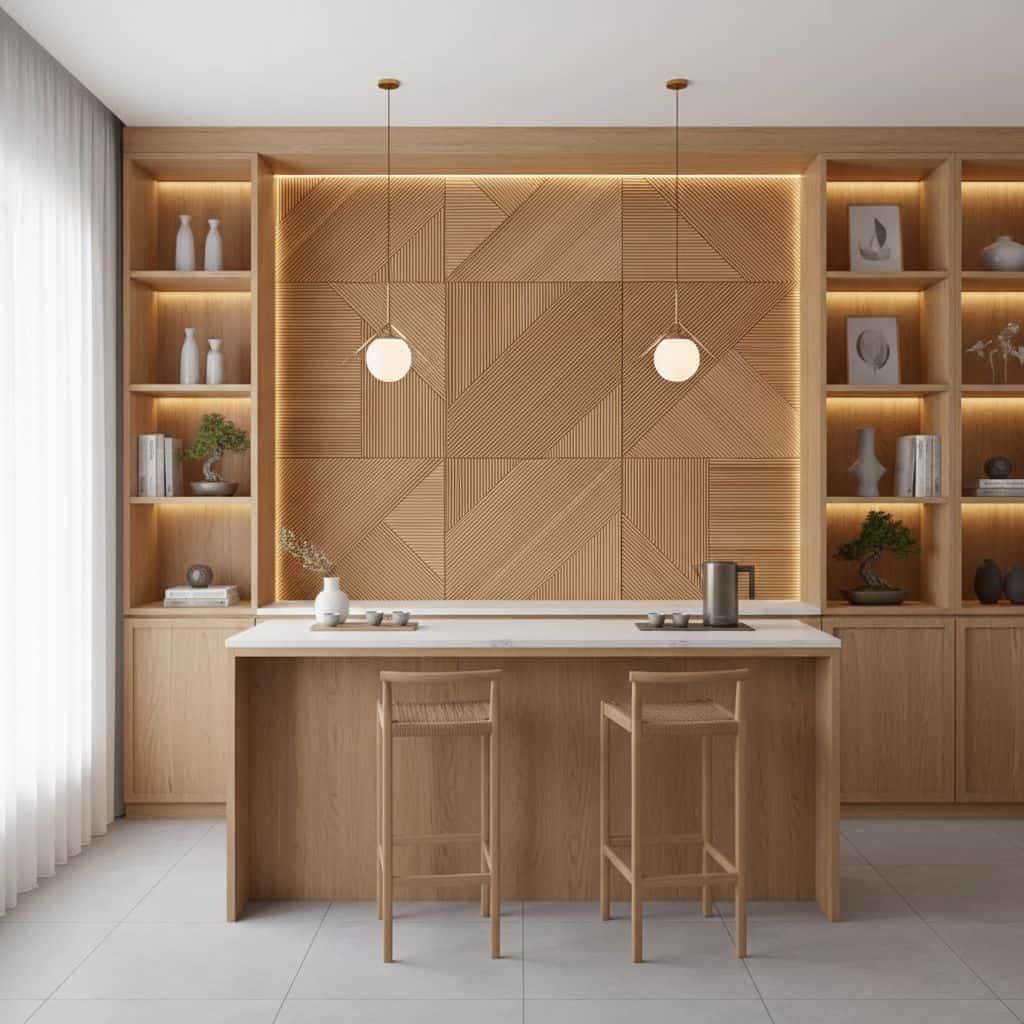 Wooden wall panel with geometric design, warm natural wood tones, smooth texture, and matte finish.