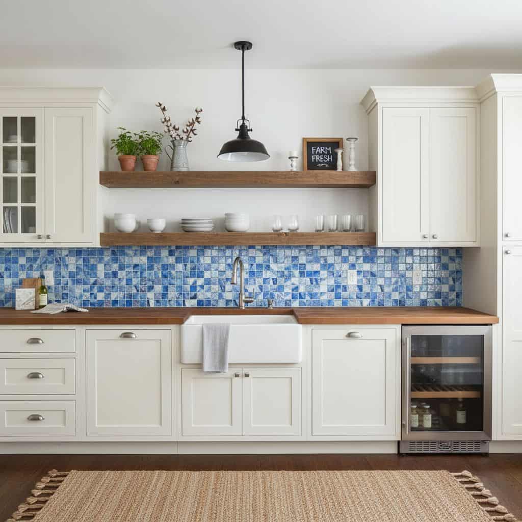 Blue glass tile backsplash in a modern kitchen with white cabinets and wooden countertops.