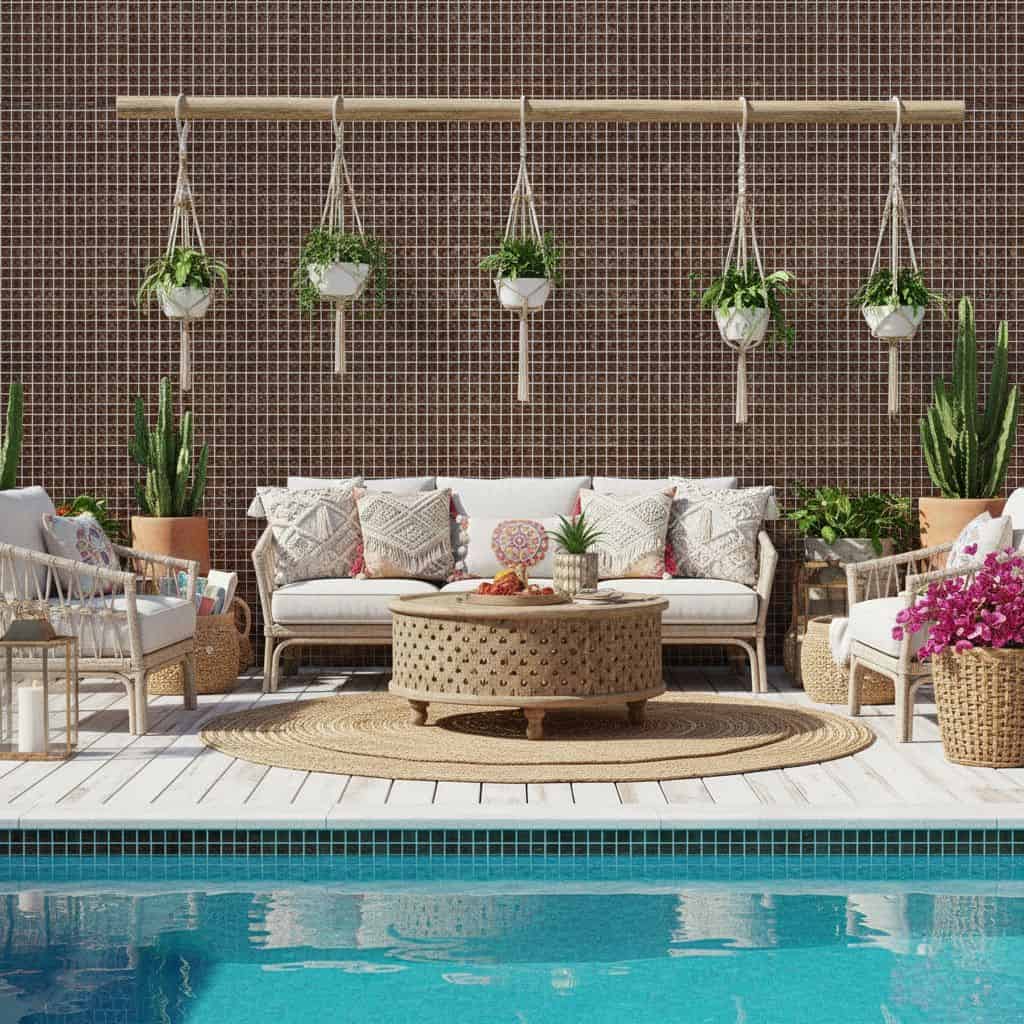 Relaxing poolside seating area with lush greenery and cozy cushions, perfect for outdoor leisure.