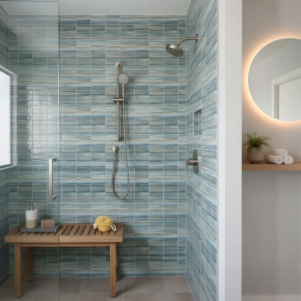Shower featuring a blue glass tile backsplash with mosaic pattern and modern fixtures, creating a sleek and stylish bathroom.