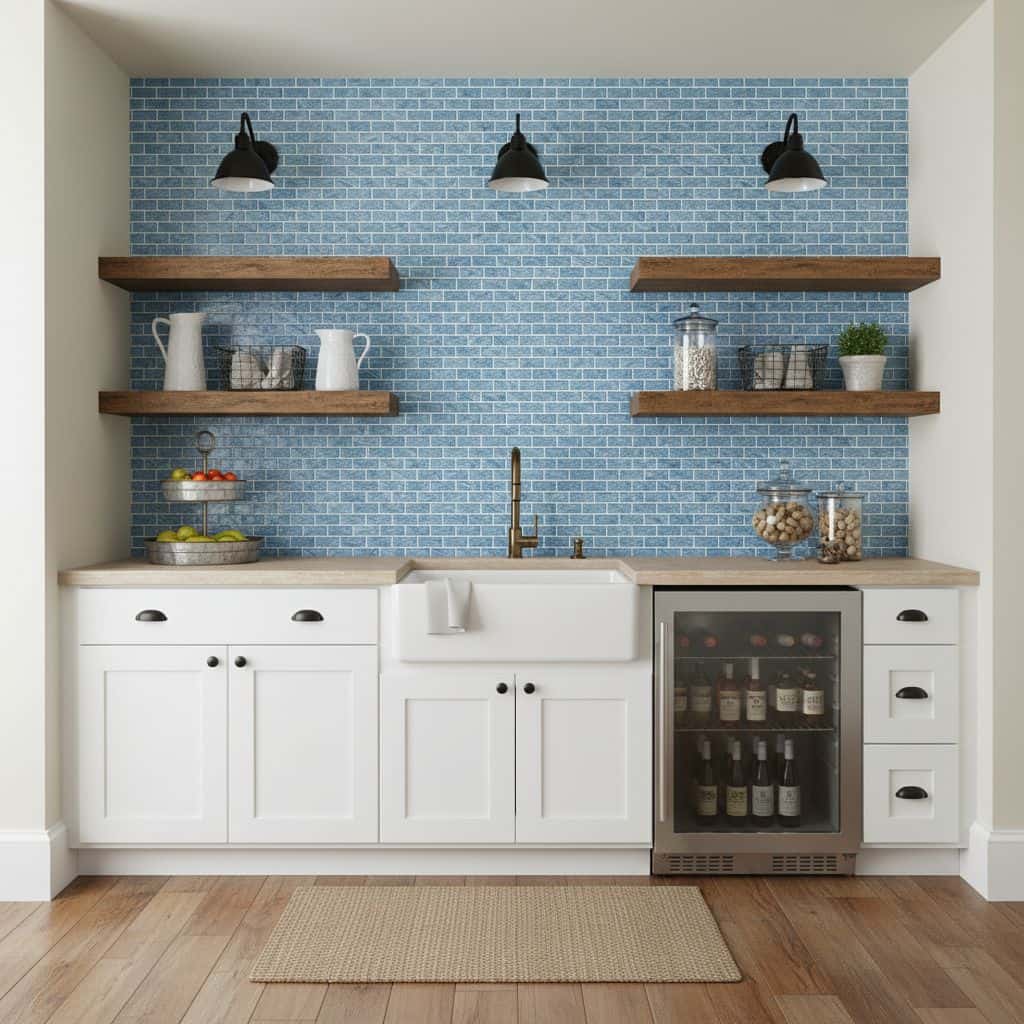Bright blue glass tile backsplash in modern kitchen with open wooden shelves and white cabinetry.