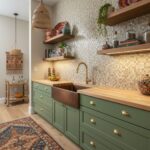 Modern kitchen with peel and stick tile backsplash, green cabinets, and wooden shelves.
