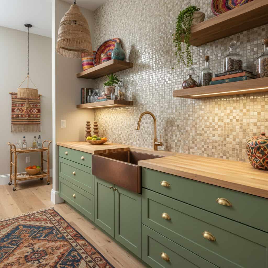 Modern kitchen with peel and stick tile backsplash, green cabinets, and wooden shelves.