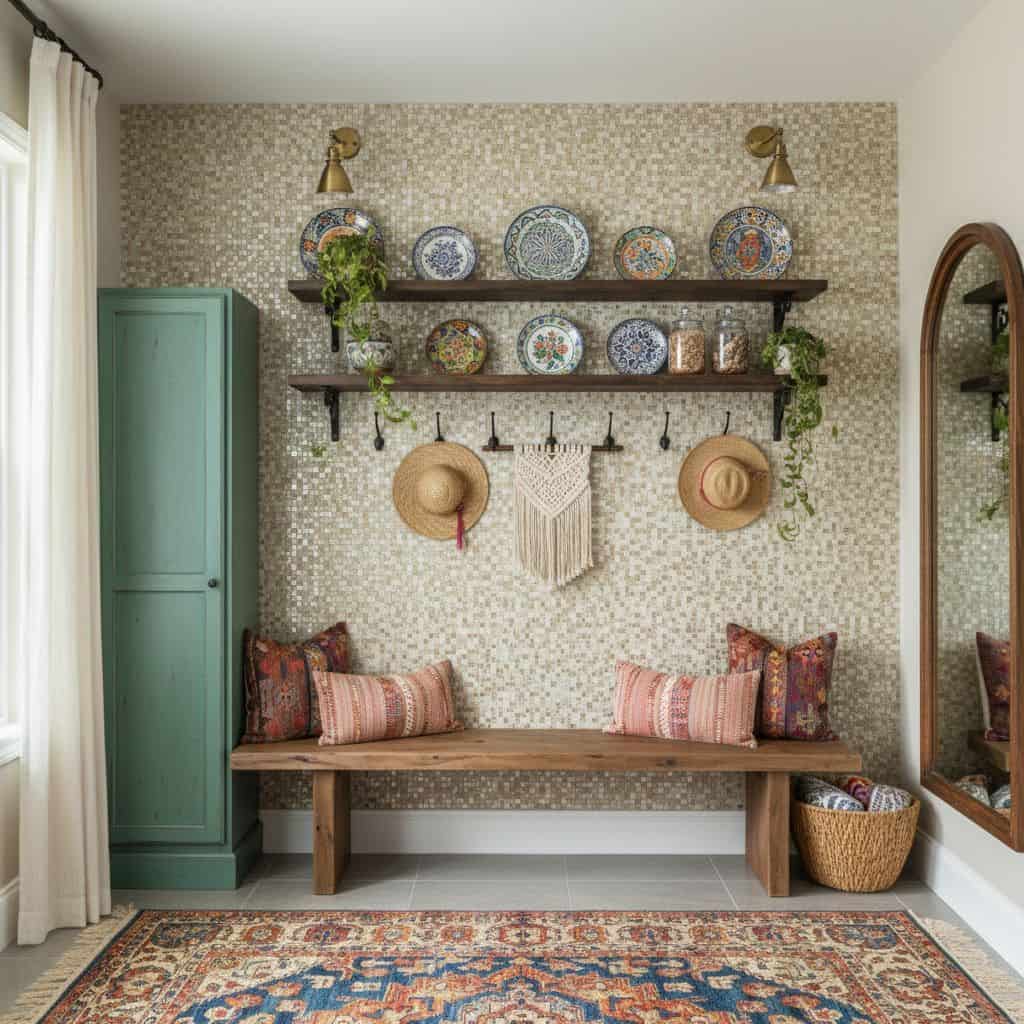 Decorative peel and stick tile wall with shelves and accessories.