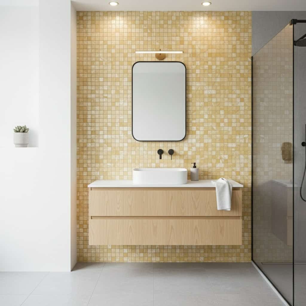 Modern bathroom with a wall covered in mother of pearl shell tiles, creating a shimmering, elegant backdrop.