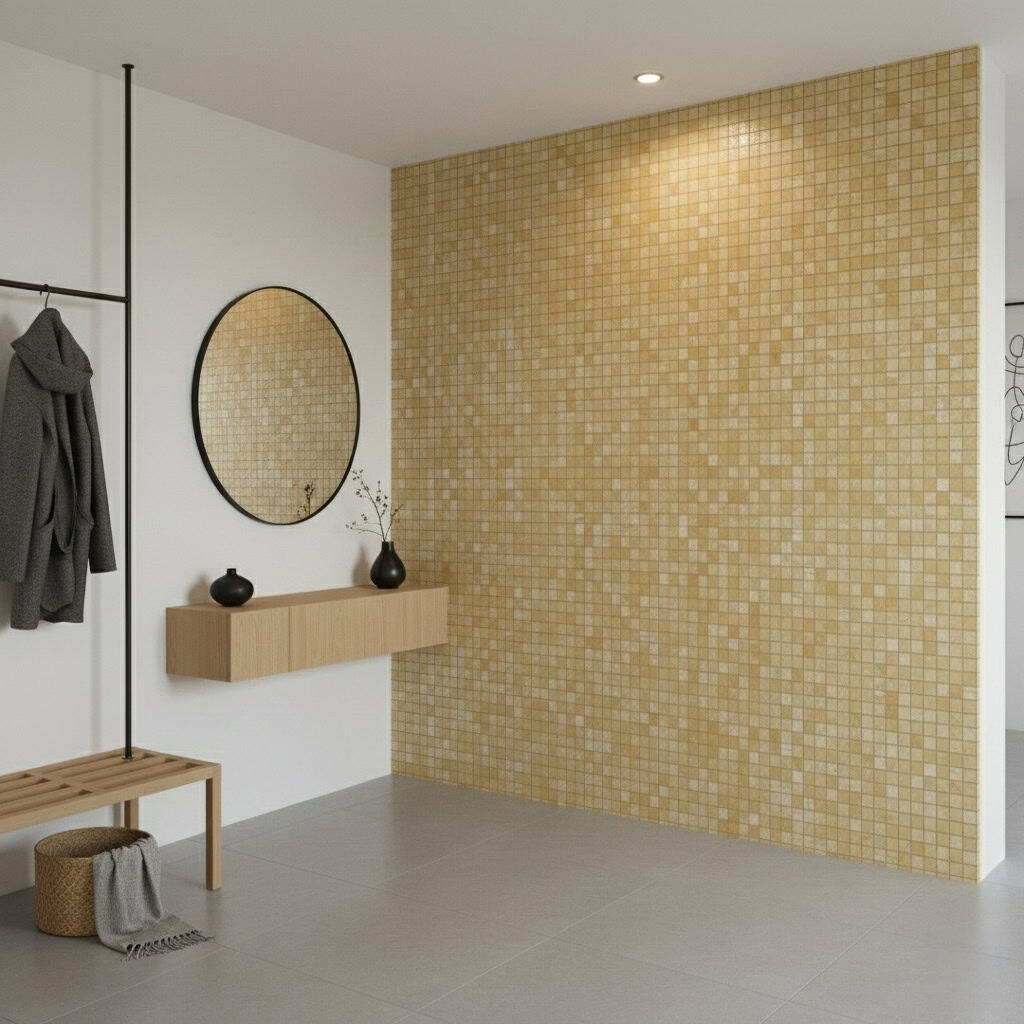 Mother of pearl shell tile wall for elegant interior design.