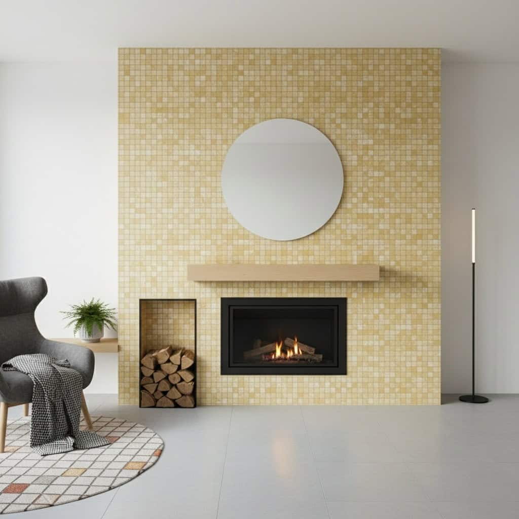 Decorative shell tile fireplace wall with a round mirror and modern design. Features a cozy fire and natural wood accents in.