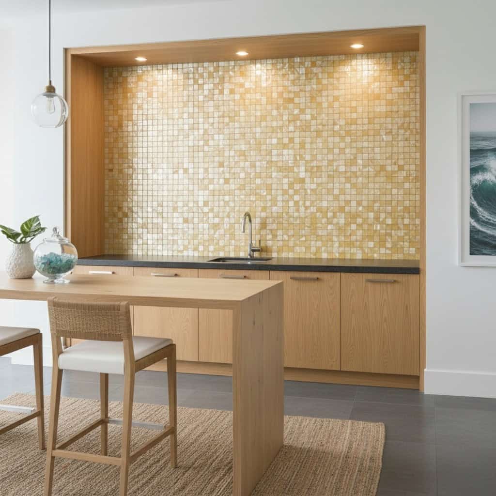 Mother of pearl shell tile used as a decorative kitchen backsplash, featuring iridescent pearl and seashell textures.
