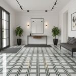 Bright, patterned black and white geometric tiles with a glossy finish, complementing the minimalist interior design.