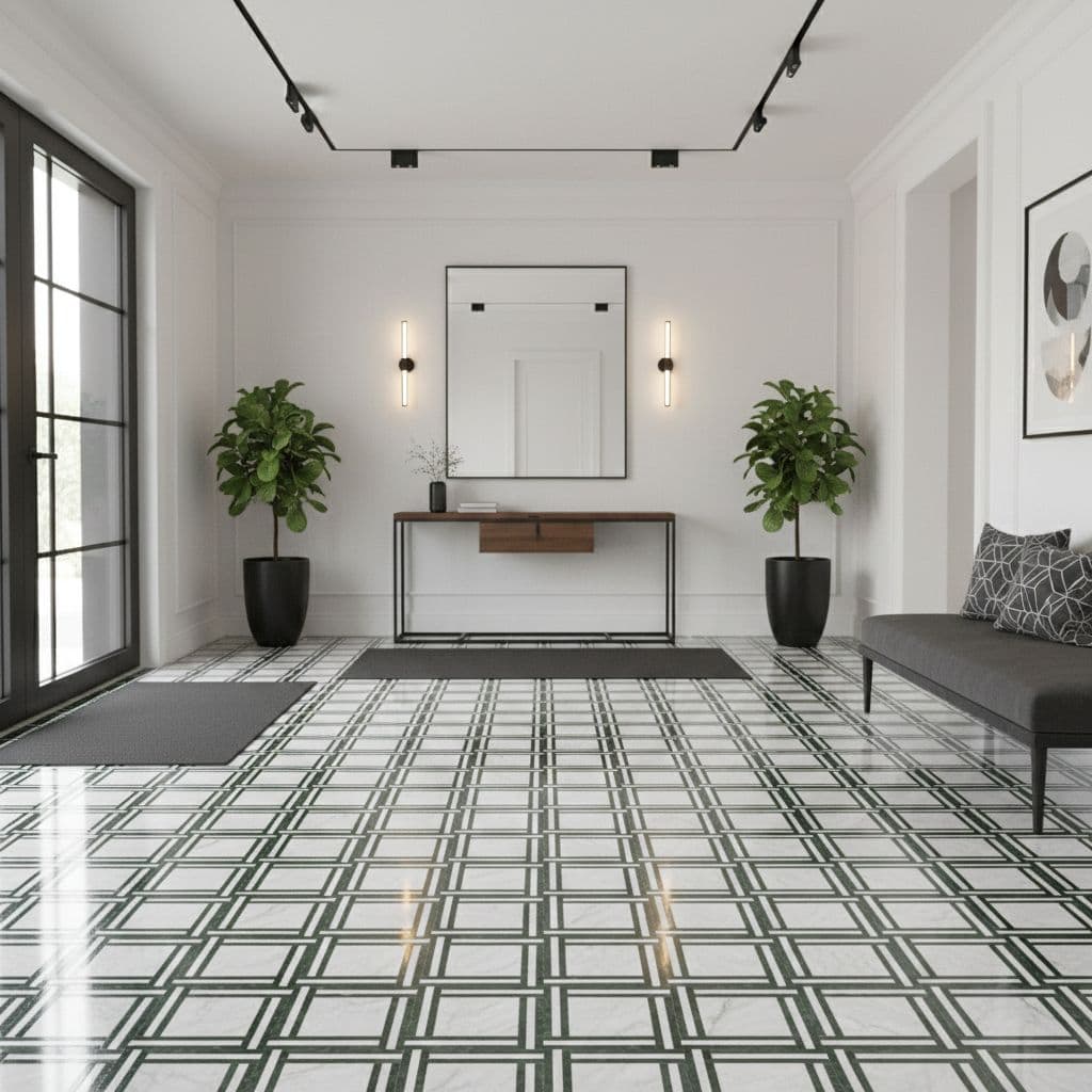 Bright, patterned black and white geometric tiles with a glossy finish, complementing the minimalist interior design.