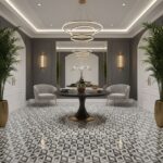 Elegant gray and white patterned tile with a matte finish, complementing the sophisticated interior design.